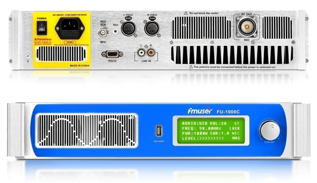 a straight view of the FU-1000C 1000 W FM transmitter with its front and back panel comparison